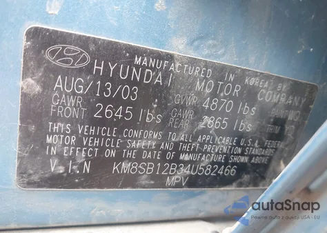 2004 Hyundai Santa Fe from USA, damaged, VIN KM8SB12B34U582466